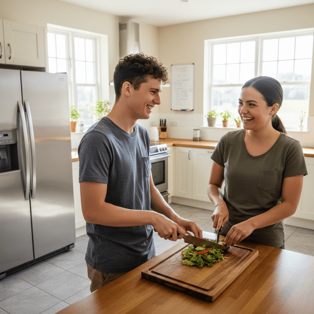 Resident and support worker collaborating in a communal kitchen during meal preparation