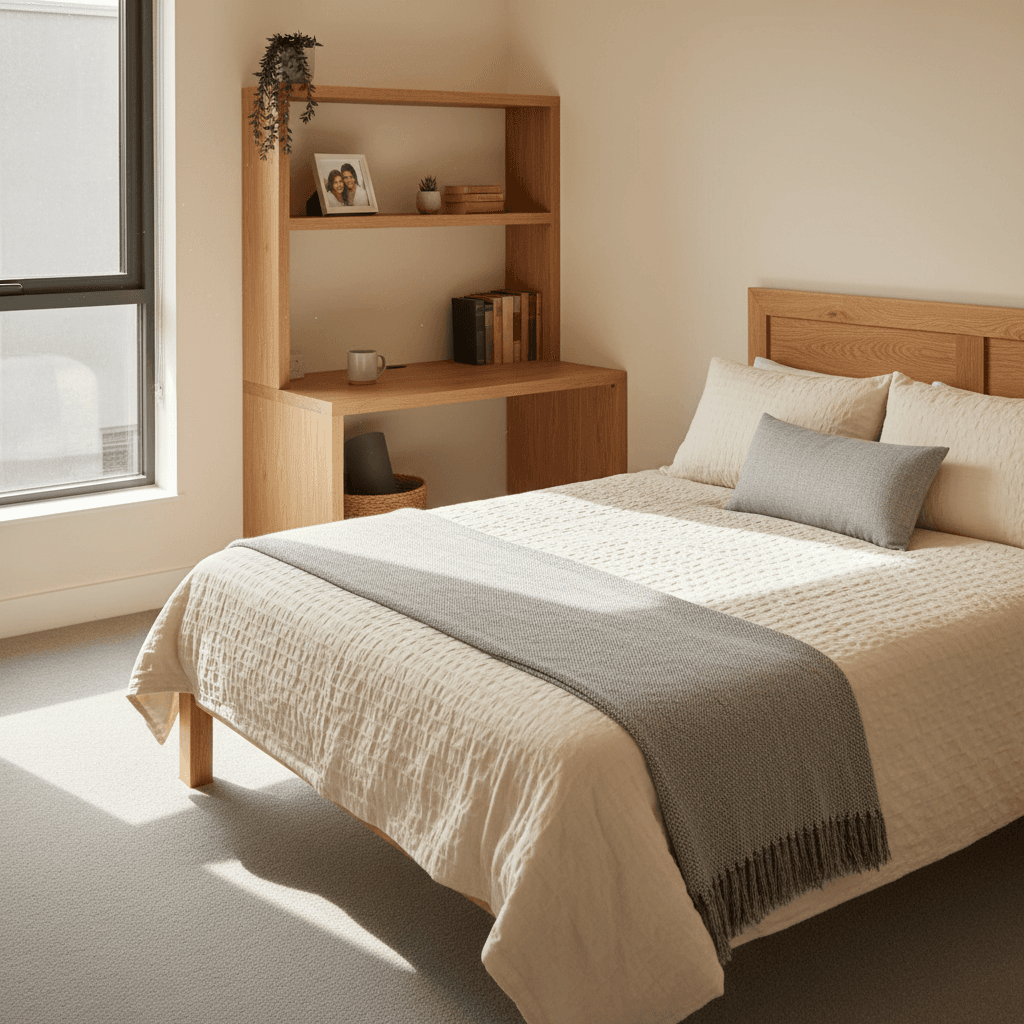 Modern bedroom with natural light and personal touches in supported accommodation