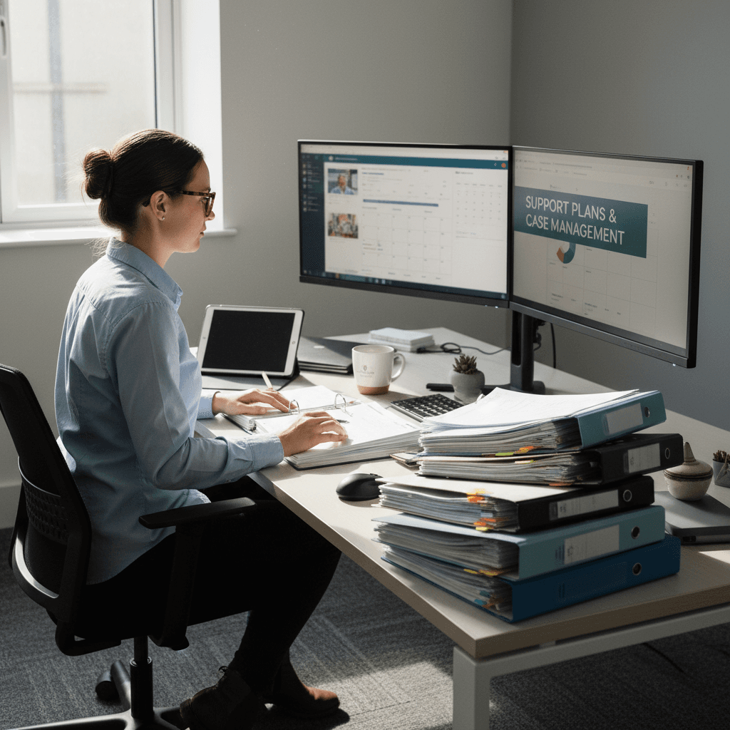 Care coordinator managing support plans and resident case files at office desk