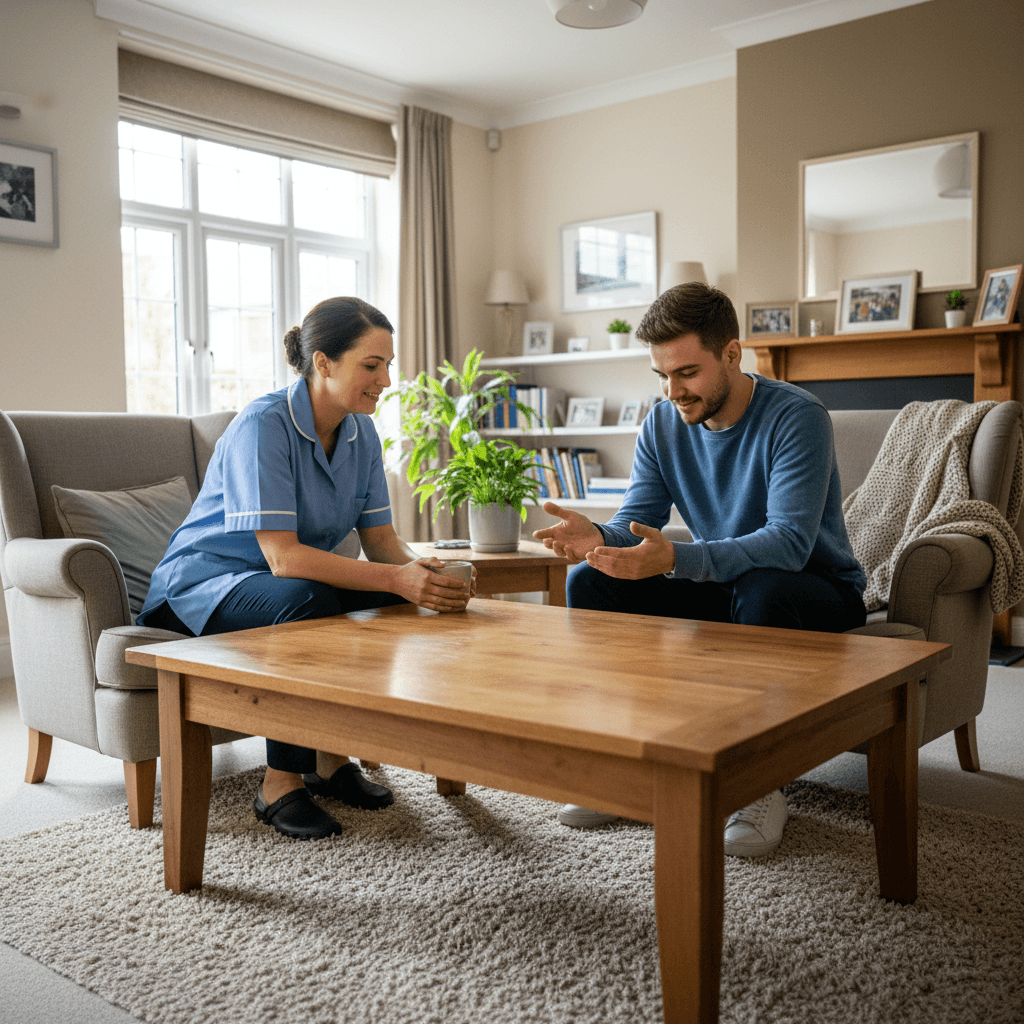 Care worker and resident in conversation within a supportive living environment