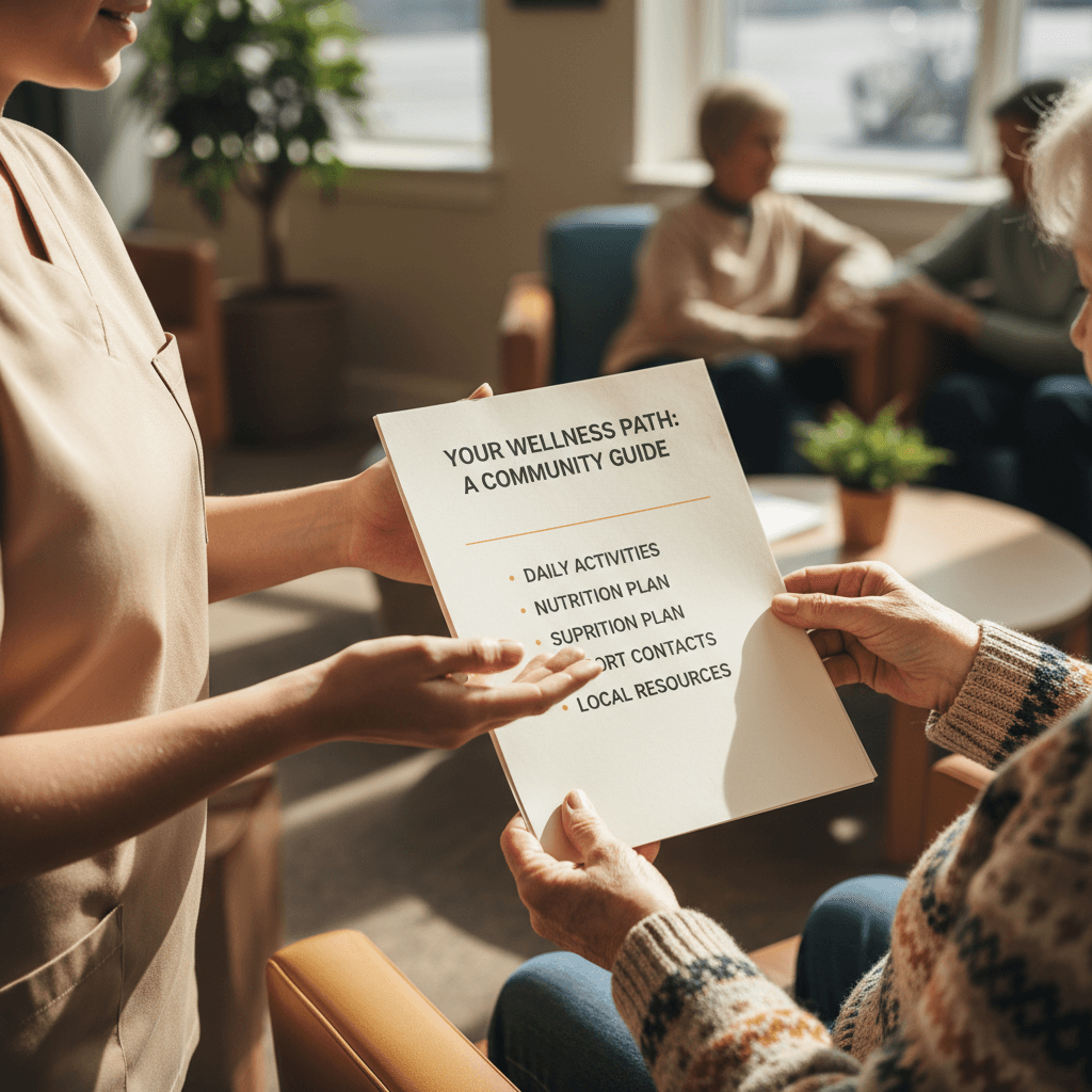 Care worker and resident reviewing support documentation and resources together